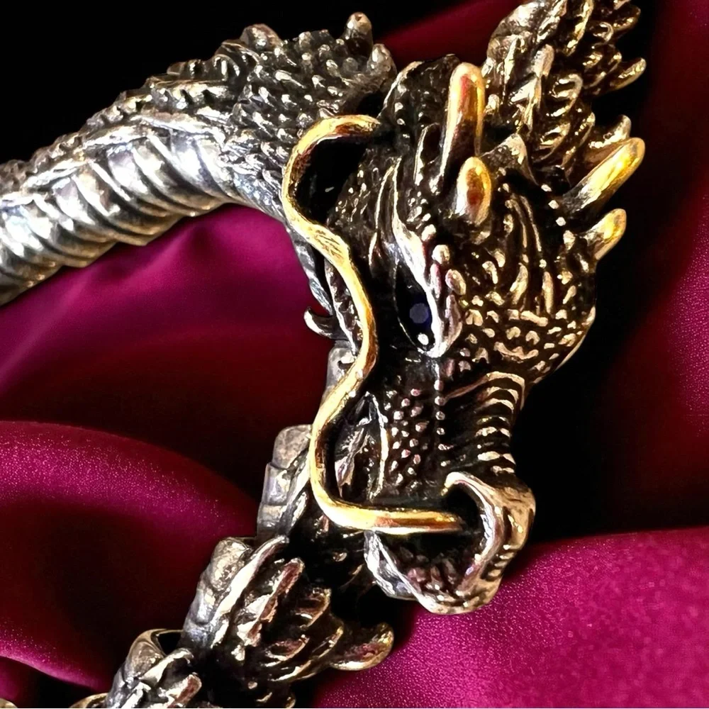 Bold Silver and Brass Toned Ouroboros Blue Eyed Dragon Bracelet 8.5”